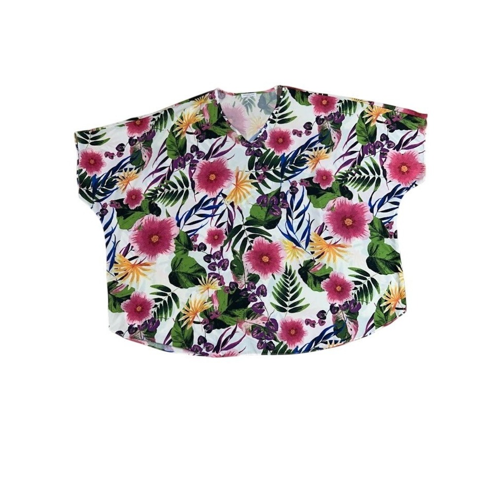 Chic Soul Womens 3XL Tropical Floral V-Neck‎ Blouse Pink Green Short Sleeve
